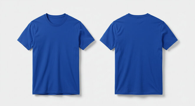 Blank blue t-shirt mockup, front and back view. Plain cotton tee shirt template isolated on a light gray background. - Powered by Adobe