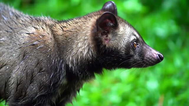 Wild Raccoon Dog in Lush Green Forest Environment