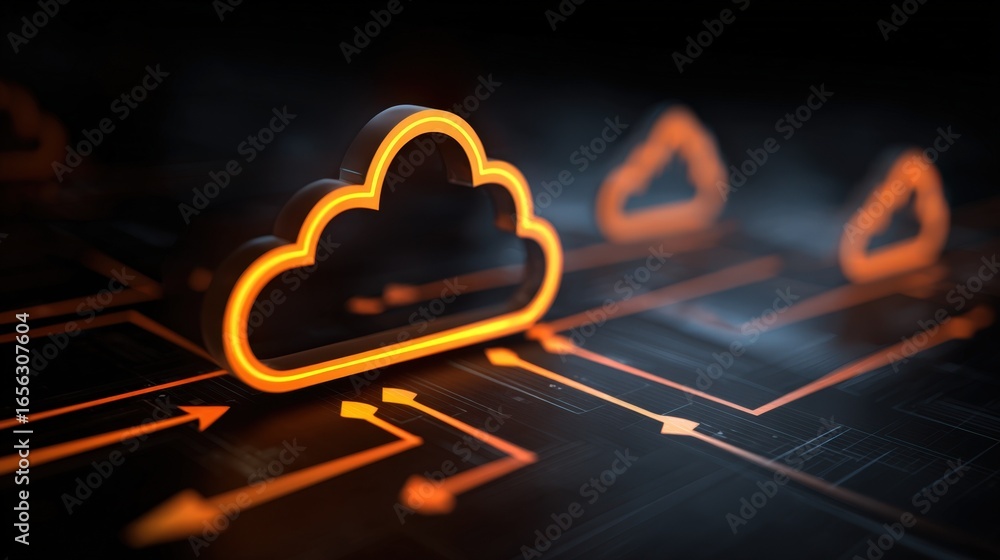 Poster glowing cloud computing symbol on a circuit board illustrating data transfer and network connectivit
