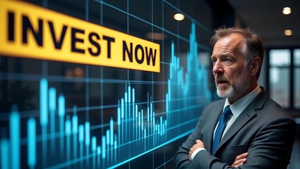 Businessman observing stock market trends, pondering investment decisions in a modern office setting.