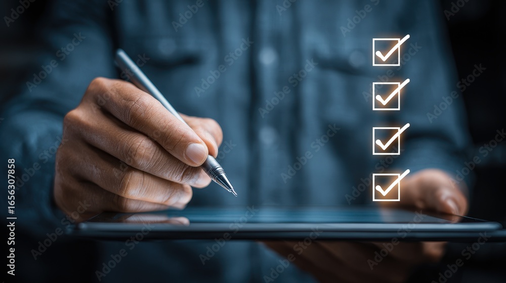 Poster completing a checklist on digital tablet using stylus pen efficiency and productivity concept