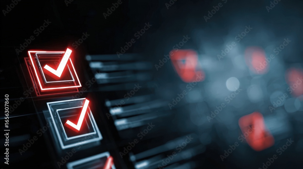 Poster digital checkboxes showing completion success red neon glowing check marks on dark background techno
