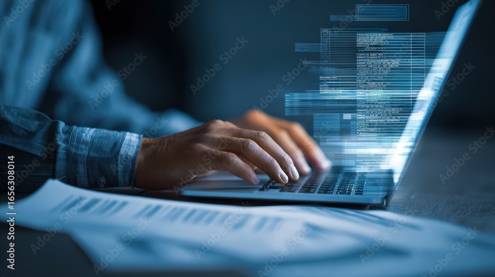 Poster programmer typing code on laptop at night data analysis software development