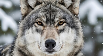 Obraz premium Close up portrait of a gray wolf with amber eyes in a snowy winter forest looking directly at the viewer