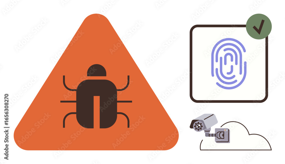 Poster warning triangle with bug, fingerprint with approval checkmark, and cloud-connected surveillance cam