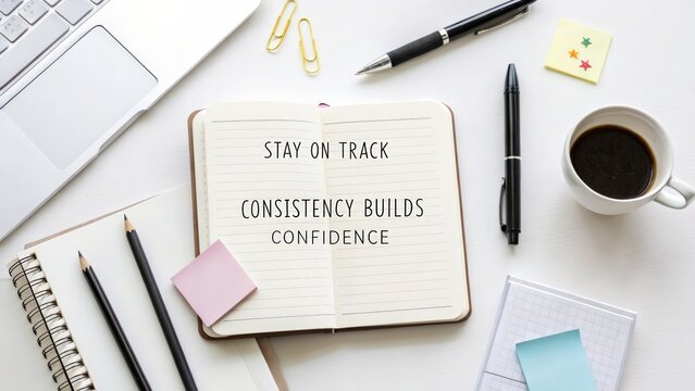 Flat lay workspace with notepad coffee and office supplies promoting productivity and organization