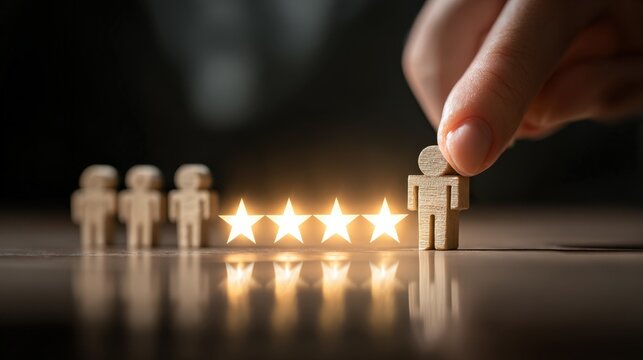 Achieving Excellence Top Performance Award Recognition Success Business Concept Wooden Figures Five Star Rating