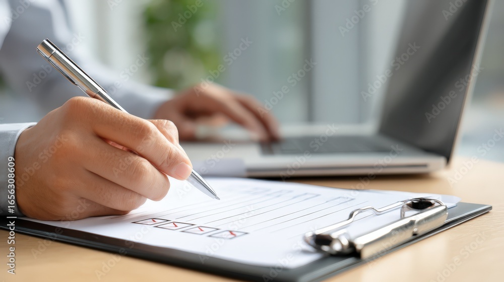 Poster person completing a checklist on a clipboard near a laptop computer this image depicts focused work 