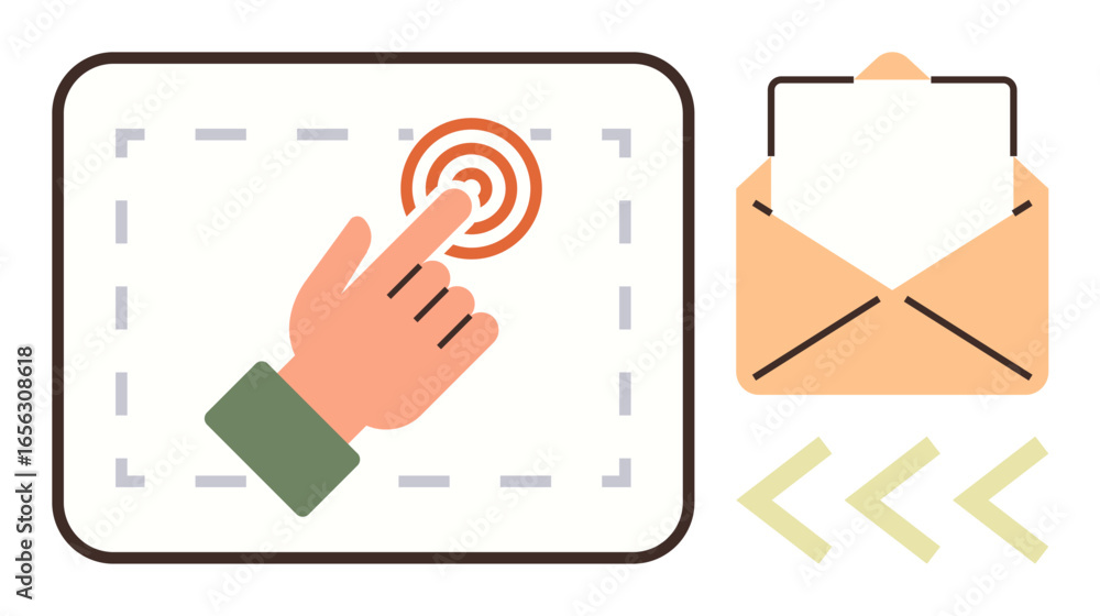 Poster hand tapping touch interface, envelope with paper, and arrows indicating interaction, messaging, or 