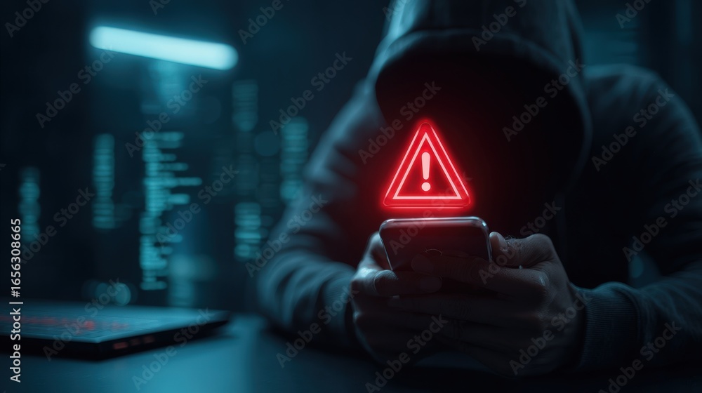 Poster hooded figure using smartphone shows cyber security warning alert red triangle exclamation mark