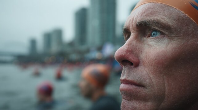 Focused medium shot on a participants concentrated face wearing a swim cap with the hazy outline of an urban waterfront and fellow swimmers in the background.