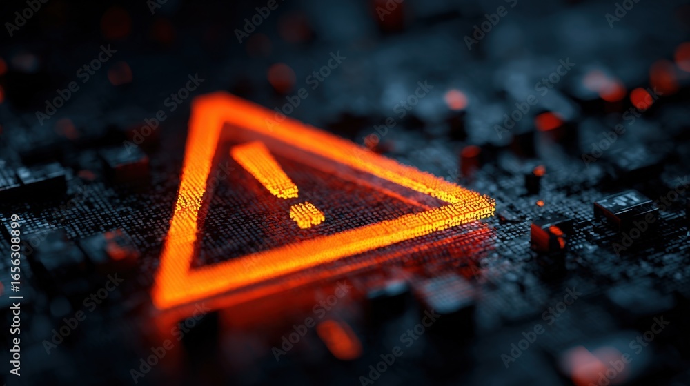 Poster cybersecurity warning alert symbol glowing on circuit board digital risk and system error concept