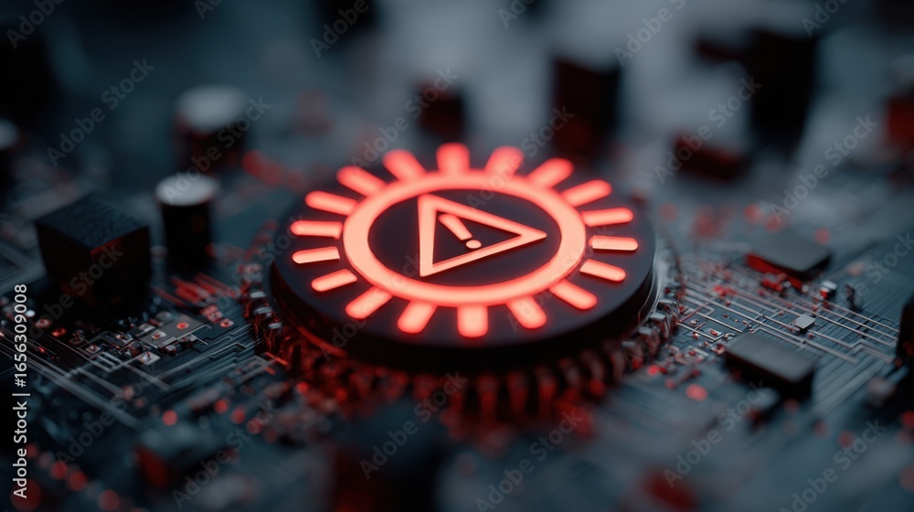 Poster red warning light on circuit board close up computer technology alert system failure