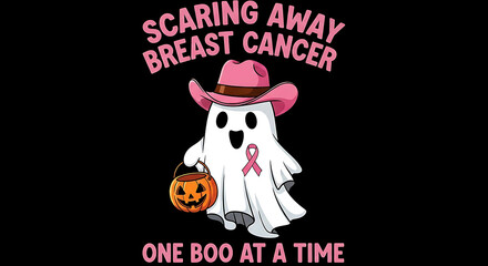 Cute Ghost Scaring Away Breast Cancer One Boo At A Time With Pink Cowboy Hat And Pumpkin Bucket