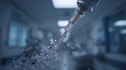 Medium shot capturing synbiotic sachet dissolving in water flush for feeding tube sharp focus on dissolving particles outoffocus hospital environment in background.