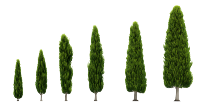 green cypress trees in various stages of growth isolated on white backgrounddevelopment