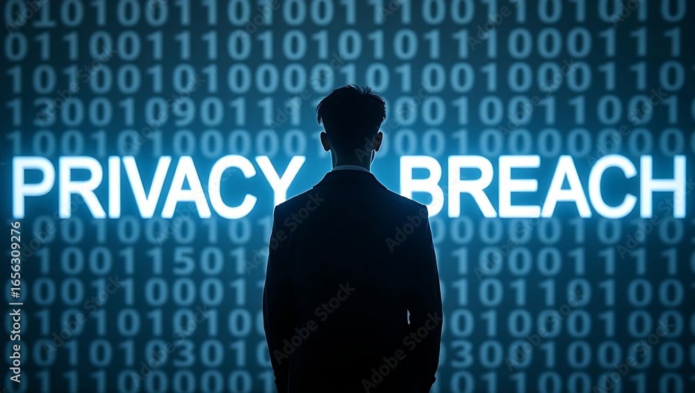 Poster a silhouetted figure in a suit stands against a backdrop of binary code and the words 'privacy breac