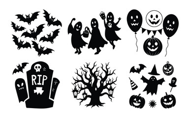 Halloween Silhouette Vector Set with Bats Ghosts Pumpkins and Spooky Elements