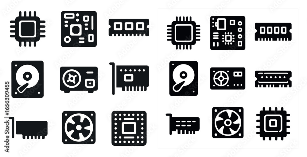 Poster computer hardware silhouette icons set – solid, tech, circuit components graphics