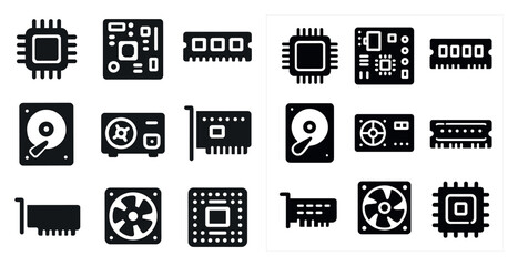 Computer hardware silhouette icons set &ndash; solid, tech, circuit components graphics