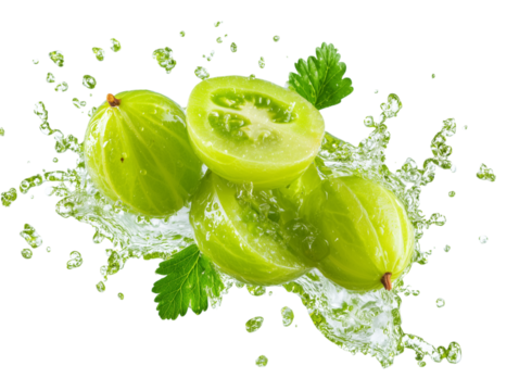 Vivid, crisp green gooseberries are captured mid-splash with crystal-clear water droplets, accentuating the fruit's freshness and vibrant color.
