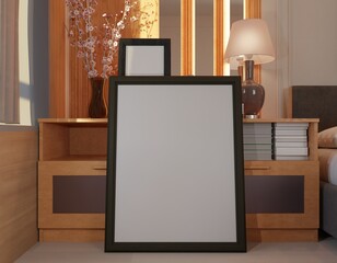 Empty frame on wooden bedside table in a modern bedroom