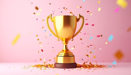 Golden trophy surrounded by colorful confetti on a pink background.