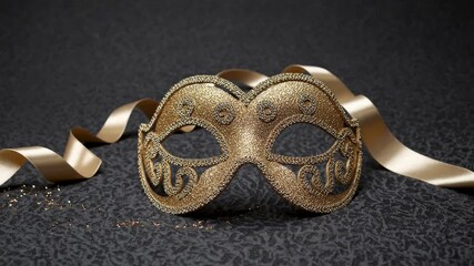 Looping Animation of an Elegant Gold Glitter Masquerade Mask on a Black Textured Surface With a Decorative Ribbon, Evoking a Sense of Mystery and Celebration