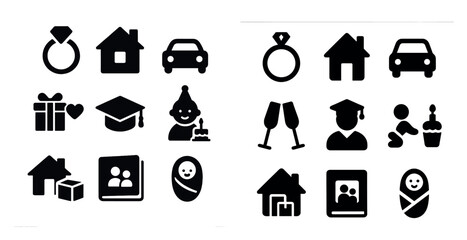 Home and family solid icons set – silhouette, filled, lifestyle symbols
