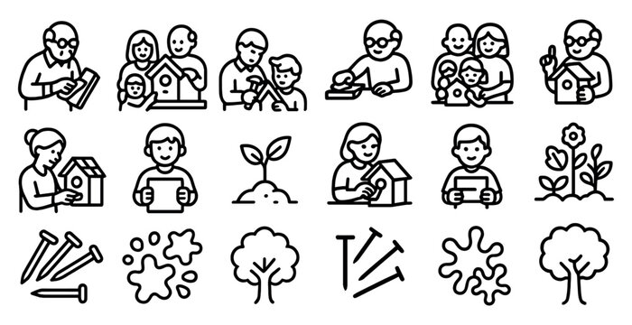 Family activity outline icons set – line, silhouette, home and nature symbols