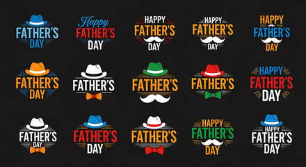 Father's Day Celebration Icons Featuring Hats Mustaches and Bow Ties on Black Background fathers day