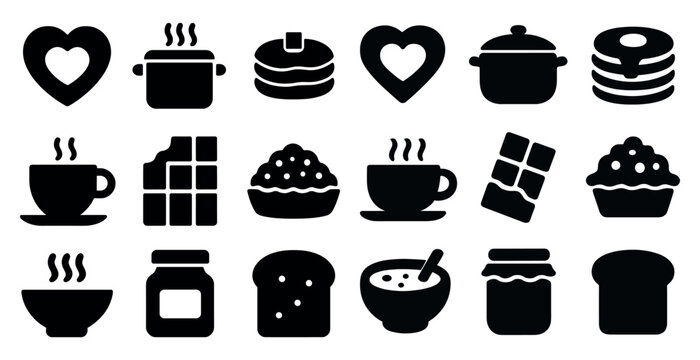 Food and beverage solid icons set – filled, silhouette, cooking and dining symbols