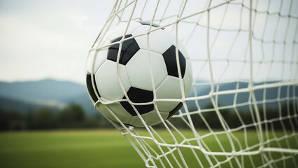 Soccer ball in the net scoring a goal