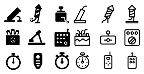 Fireworks celebration solid icons set – silhouette, holiday, party symbols