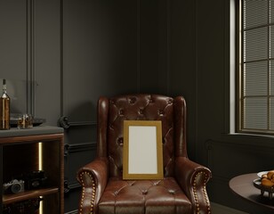 Dark, opulent room with leather armchair and empty frame