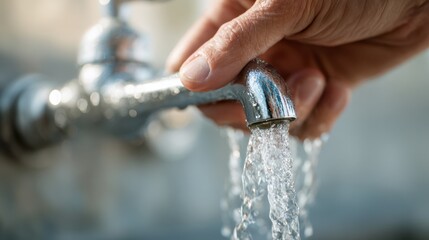 Person turning off a water tap medium shot with clear focus on hand and flowing water blurred background reinforcing water conservation efforts.