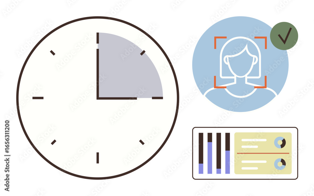 Poster large clock highlights time tracking. face recognition icon ensures identity verification. data anal