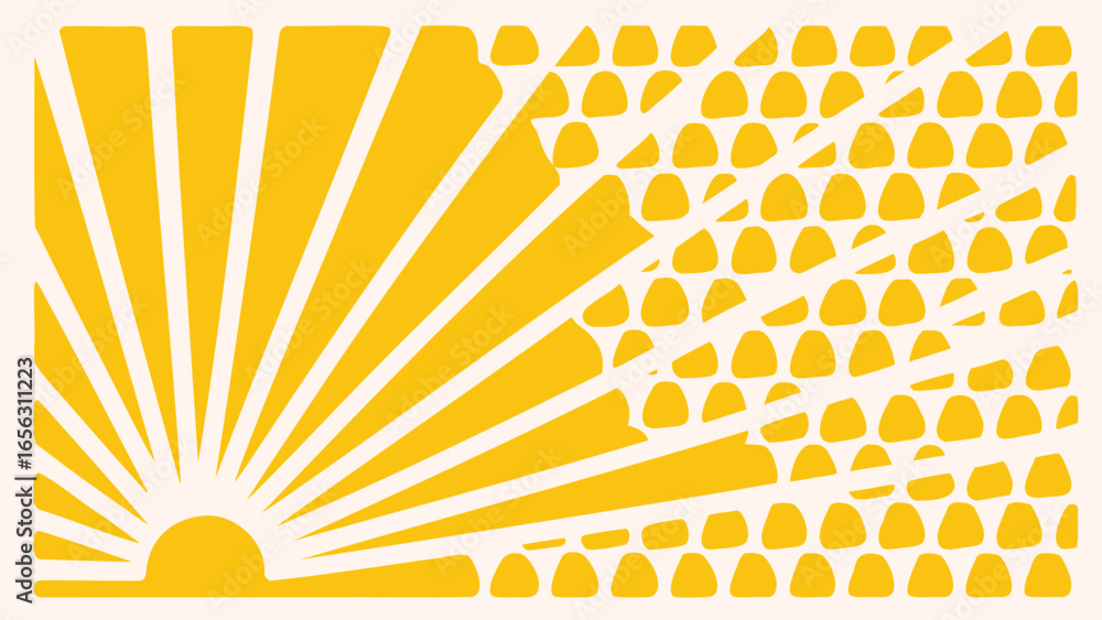Poster yellow sunburst with radiating lines and geometric pattern on a light background design element