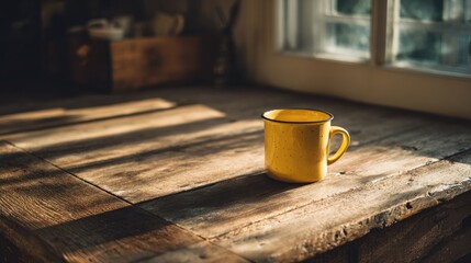Yellow mug on rustic wooden table by window, sunlight