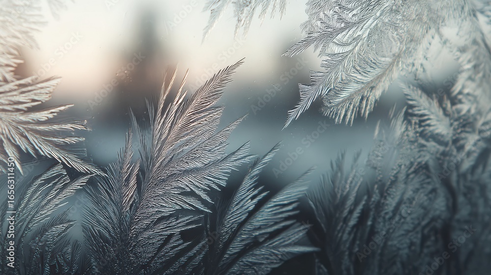 Poster delicate frost patterns on window glass with soft morning light and frosty landscape in the backgrou