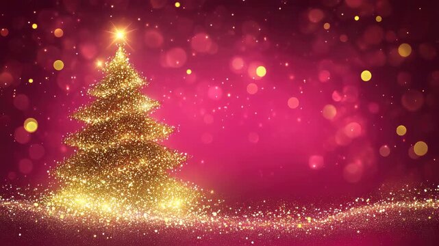 golden glittering shiny christmas tree on pink background animation