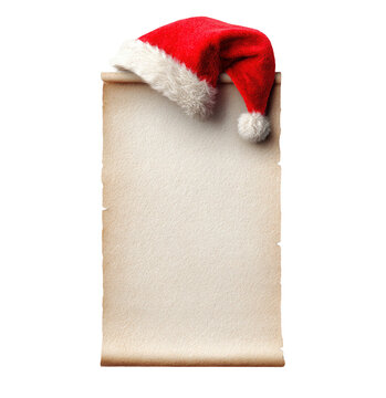 Santa hat on a blank piece of old parchment paper on transparent background