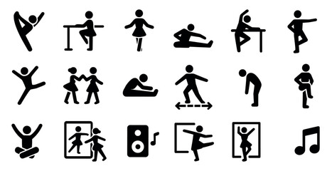 Dance and fitness silhouette icons set – solid, filled, exercise and workout symbols