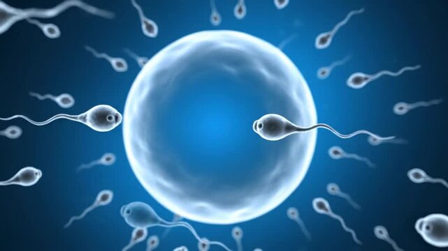 3D Animation of Sperm Cells Approaching an Egg Cell on a Blue Background Illustrating Fertility and the Beginning of Life in a Medical and Scientific Context, Perfect for Education Videos