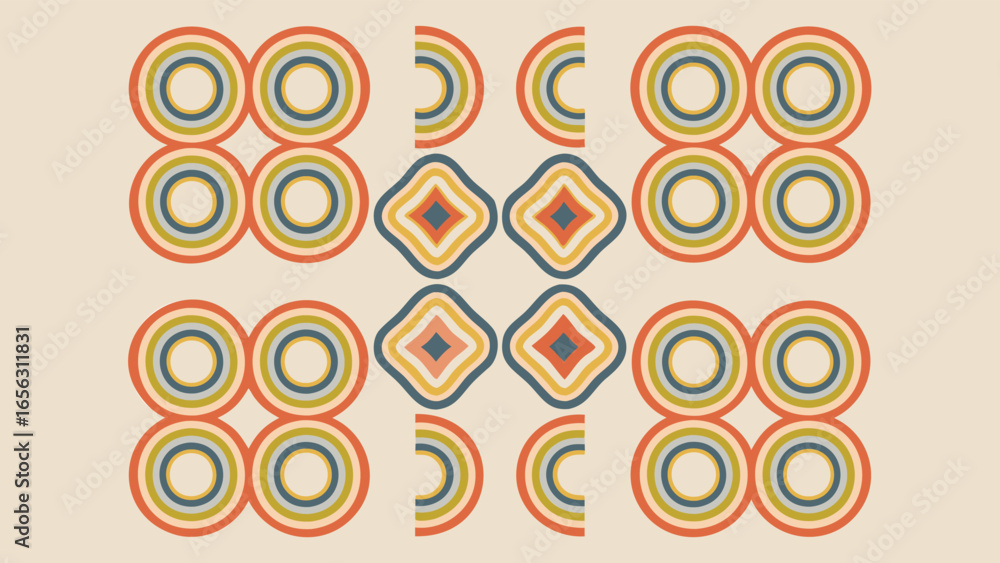 Poster retro pattern with circles semicircles and rounded diamonds in a symmetrical arrangement on beige ba