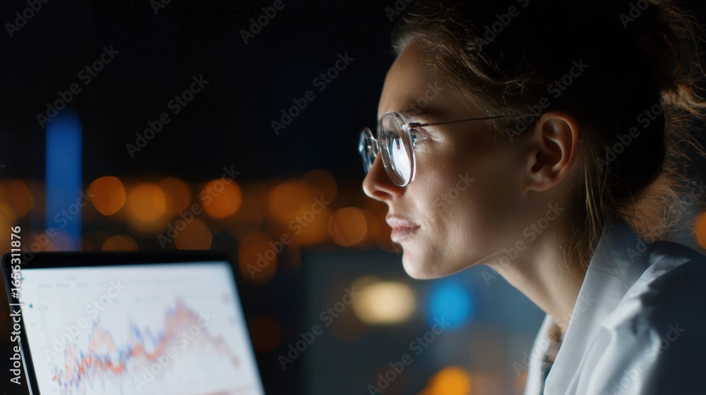 Poster side medium shot of a scientists focused face illuminated by a laptop screen showing watermark polic