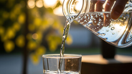 Pouring clear water from pitcher into glass outdoors