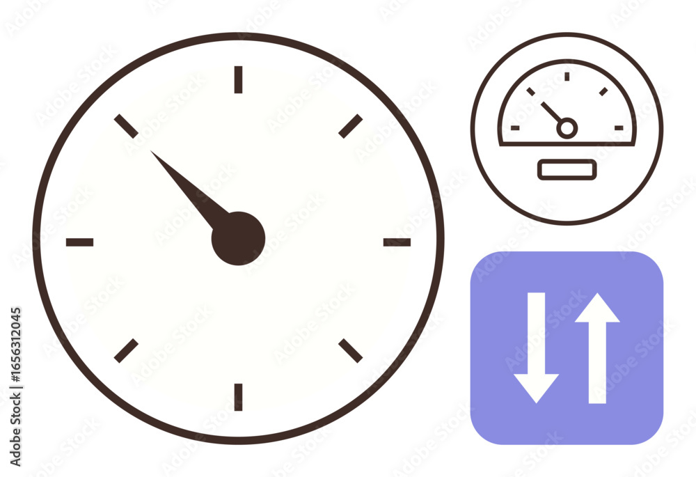 Poster analog speedometer, stopwatch with minute hand, and two arrows in rectangle representing speed, prog