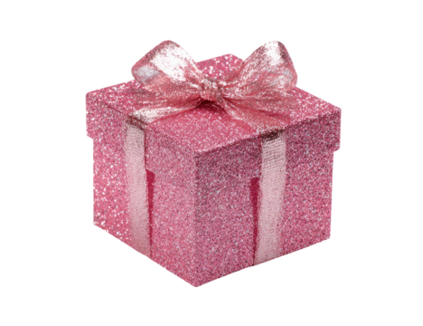 Pink glitter gift box with ribbon bow on transparent background