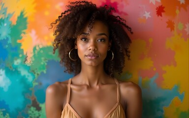 A woman with striking features poses against a vibrant, colorful backdrop inspired by nature. High quality